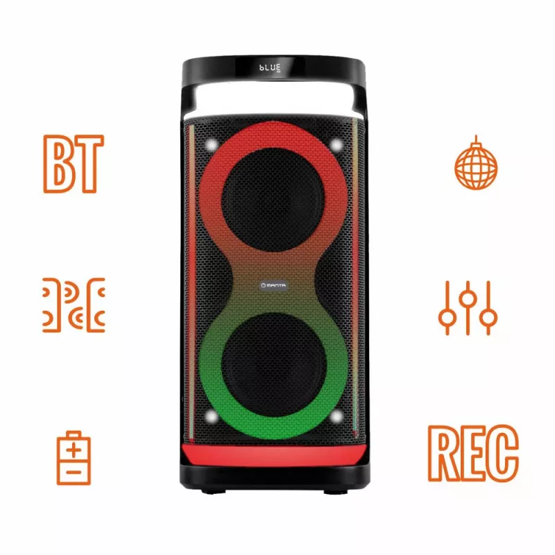 Tragbarer Lautsprecher MANTA SPK0601B100, 100 W, Bluetooth, Karaoke, drahtloses Mikrofon, Akku, Equalizer, Disco-Beleuchtung