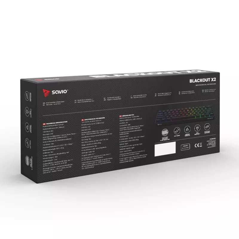 Mechanische Gaming-Tastatur SAVIO SchwarzOUT X2 PEACH — 61 Tasten 60 % QWERTZ, RGB LED, Hot-Swap, USB Typ-A/Typ-C, abnehmbares Kabel
