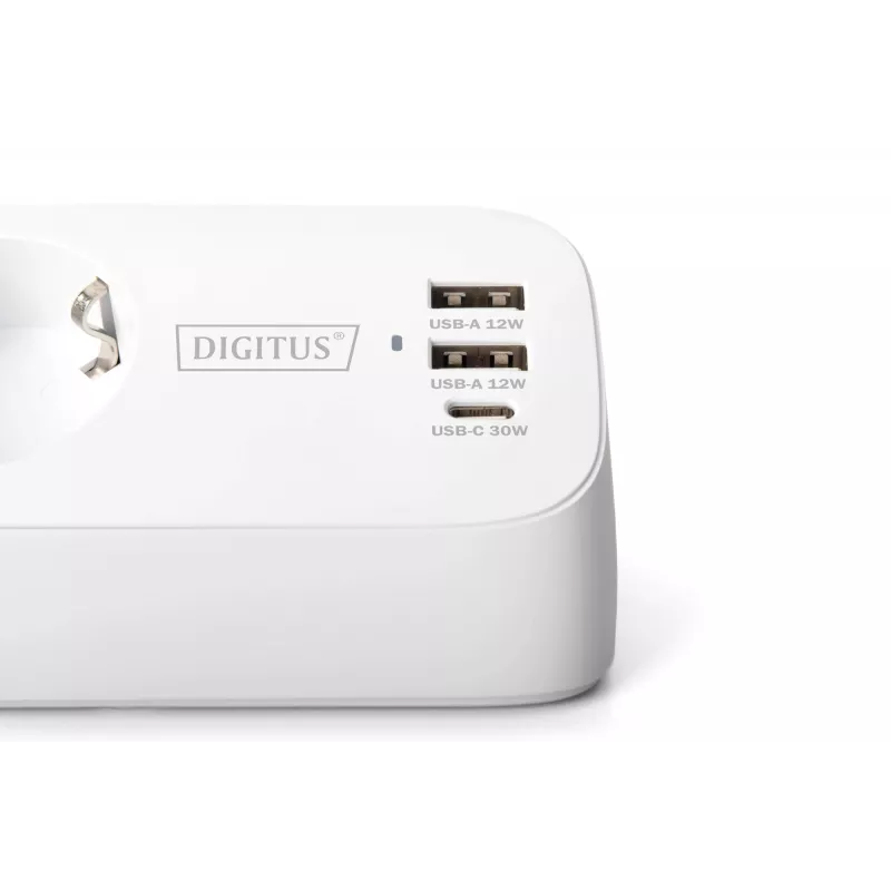 Mehrfachsteckdose DIGITUS 3-fach mit 2×USB-A und 1×USB-C, 3 AC-Steckdosen Typ E/F, 1,5 m Kabel, weiß