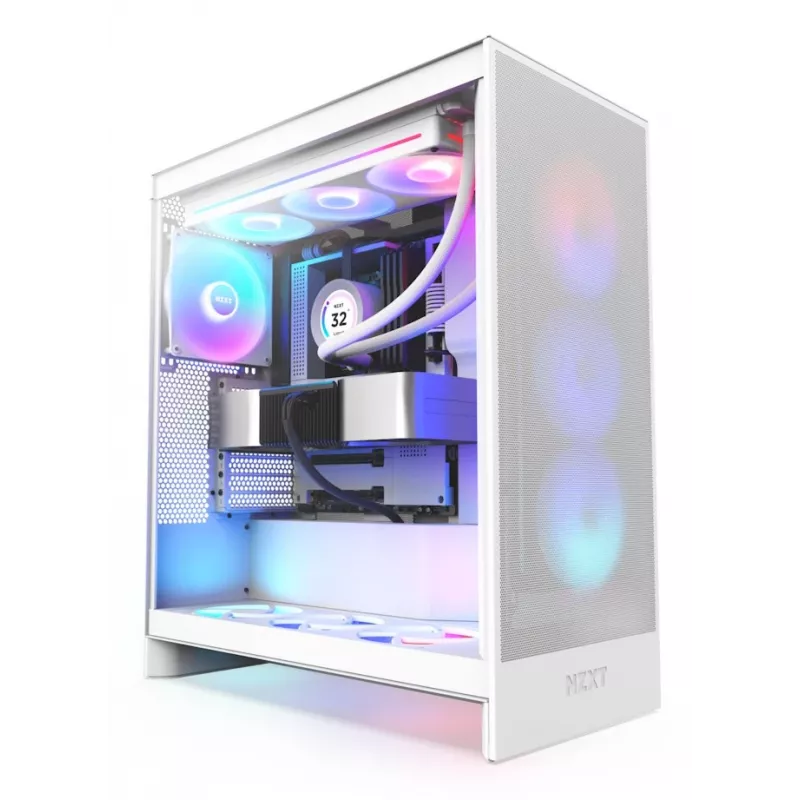 PC-Gehäuse NZXT H7 Flow RGB Midi Tower Weiß — gehärtetes Glas, EATX, vorne 3×120mm, USB-C
