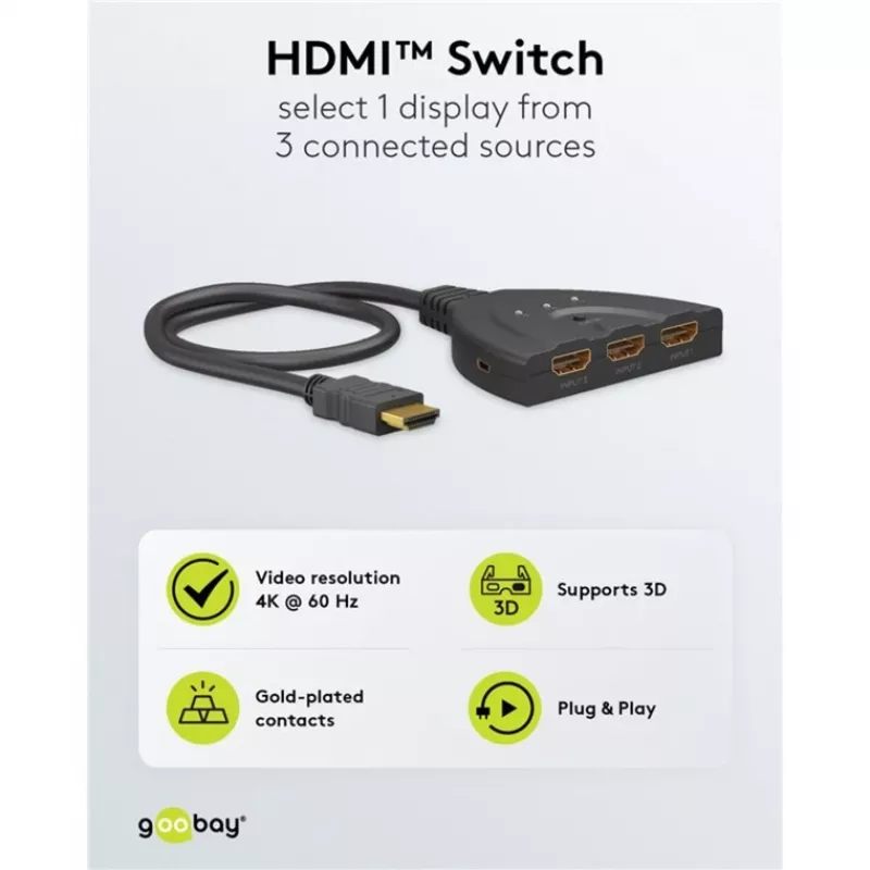 HDMI-Umschaltbox 3 to 1 (4K @ 60Hz), HDMI Switch (schwarz, 55cm Kabel)