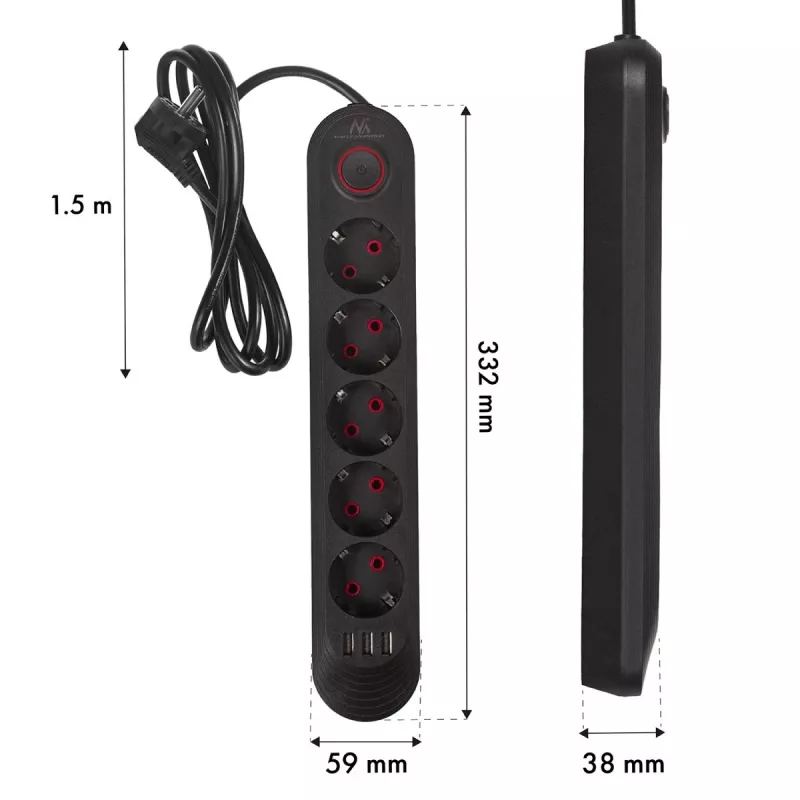 Steckdosenleiste MACLEAN MCE395 B — 5 Steckdosen, 3×USB, 110–240V AC, 2,1A USB, 2500W, 1,5 m Kabel, schwarz