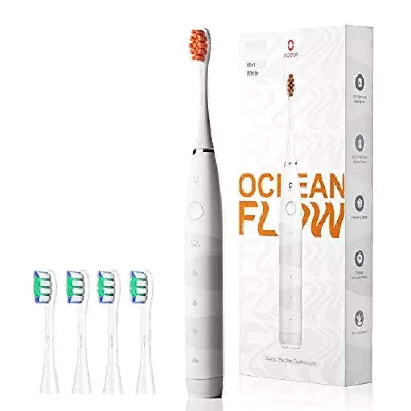 Schallzahnbürste OCLEAN FLOW Erwachsene — batteriebetrieben, Aufhellungsmodus, integrierter Timer, einstellbare Geschwindigkeit, 255 mm Höhe, weiß, 0,13 kg, 1 Handstück + 1 Bürstenkopf
