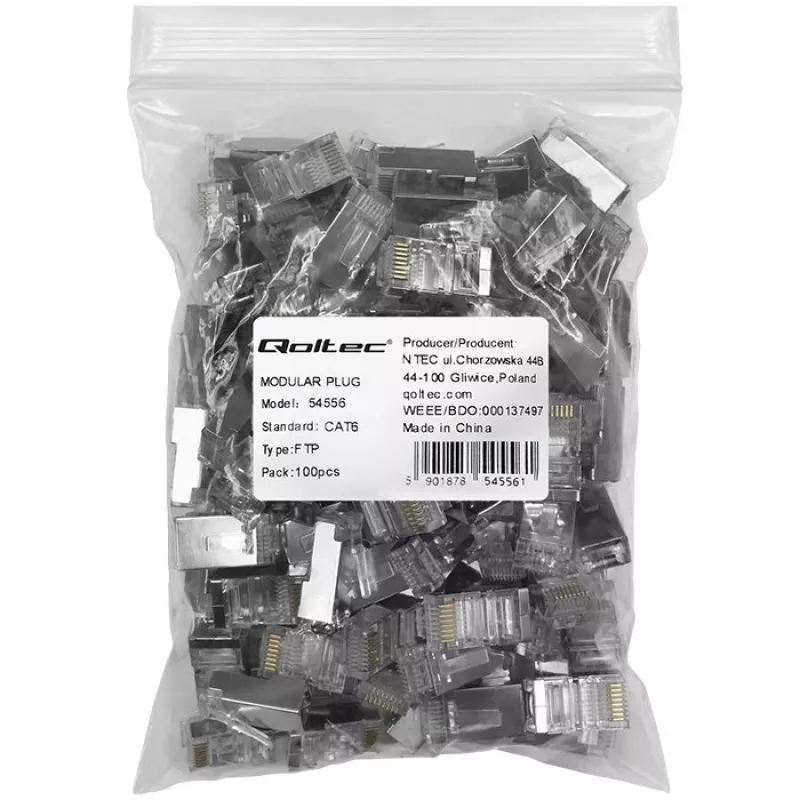 RJ45 Modularstecker QOLTEC 54556 CAT6 FTP, silber, 18×22×11 mm, 100er-Pack