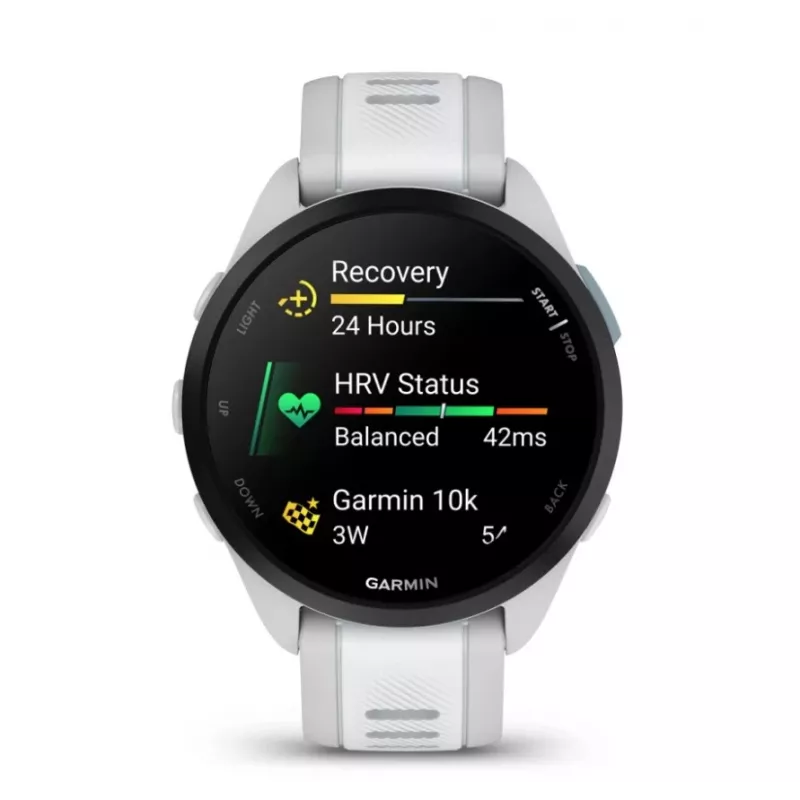 Smartwatch GARMIN Forerunner 165 — GPS, AMOLED 1,2 Zoll, 4 GB, 5 ATM, 11 Tage Akku, Graues Gehäuse, Weißes Armband
