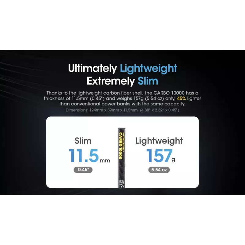 Tragbare Powerbank Nitecore CARBO 10000 — Lithium‑Ionen 10000 mAh, 38 W PD, USB‑A + USB‑C, grau