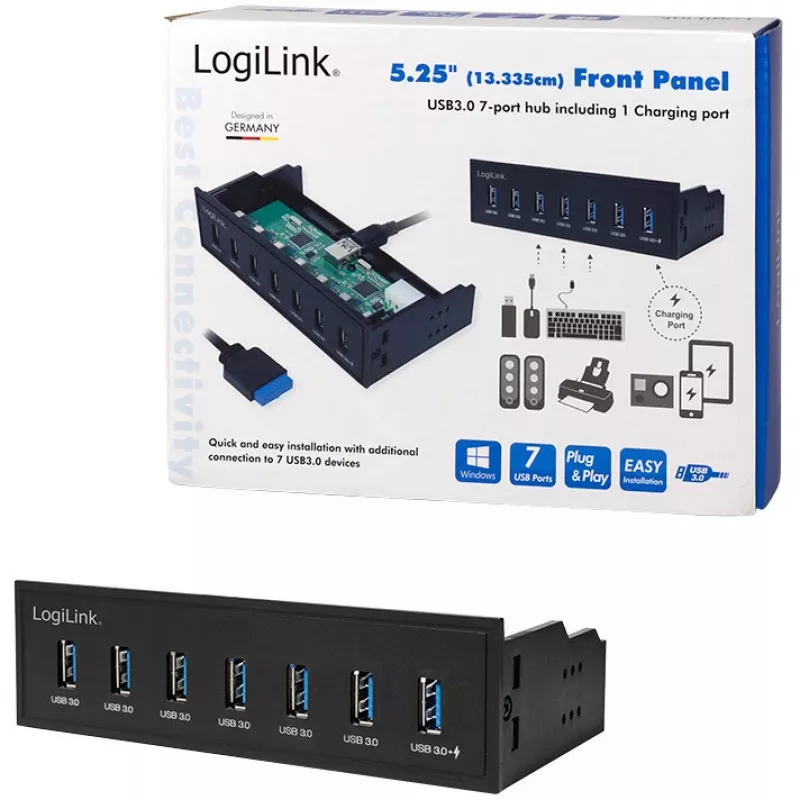 LogiLink USB 3.0 Hub, 7-Port 5,25 Zoll intern, mit Schnellladefunktion - Hub - 6 x SuperSpeed USB 3.0 + 1 x SuperSpeed USB 3.0 (Laden)