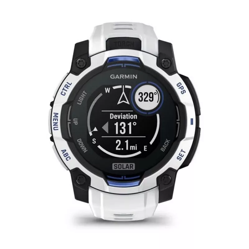 Smartwatch GARMIN Instinct 2 45 mm, MIP 0,9 Zoll (176×176), GPS, Solar, Silikonarmband Blau/Weiß