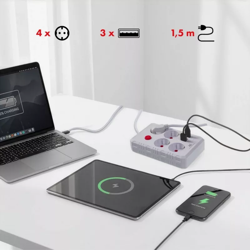Steckdosenleiste MACLEAN MCE392 W — 4 F-Steckdosen, 3×USB A, 110–240 V, 2,1 A max, 2500 W, 1,5 m Kabel, weiß