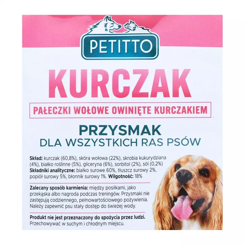 Hundeleckerlis PETITTO Hühnchen-Wrapsticks 500 g — Hühnchengeschmack-Kausticks, 60 % Protein, 18 % Feuchtigkeit