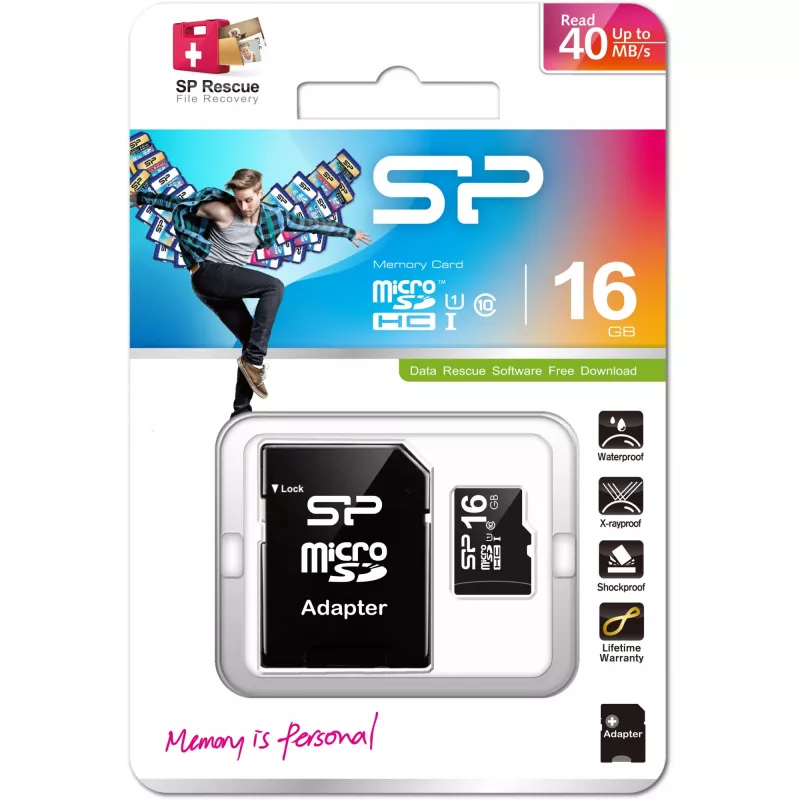 MicroSDHC-Speicherkarte Silicon Power 16GB Class 10 UHS-I U1 40 MB/s, wasserdicht, schwarz