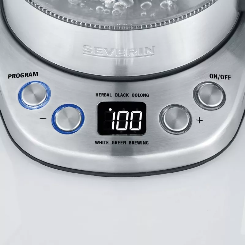 Elektrischer Wasserkocher SEVERIN 1 L 2200 W Glas und Edelstahl, 5 Temperatureinstellungen, LED-Anzeige