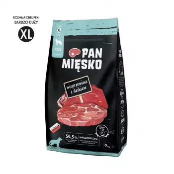 Trockenfutter für Hunde Pan Mięsko Mr. Pork with Wildschwein XL — 9 kg, für ausgewachsene Hunde großer und riesiger Rassen, Protein 30 %, Fett 21 %