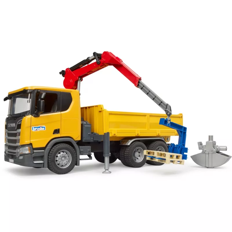 Spielzeug-Baulastwagen BRUDER Scania Super 560R mit Kran und 2 Paletten