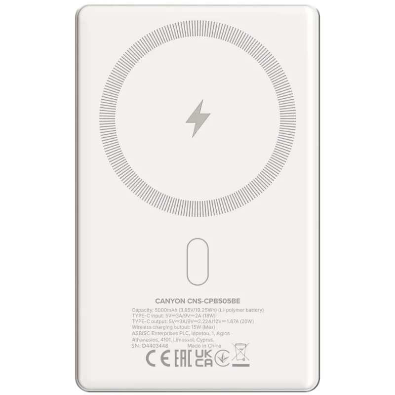 Canyon OnPower 505 - Powerbank - 5.000 mAh - in USB-C - out USB-C PD 20W + Wireless Magnet 1