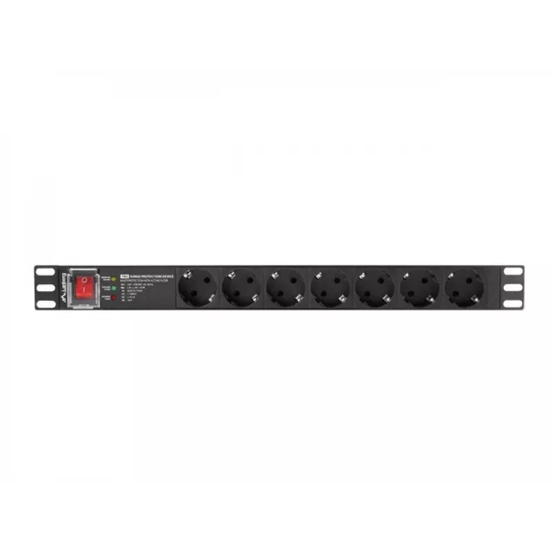 Stromverteilungseinheit LANBERG PDU-PRO-07F-0200-BK — 1U-Rack-PDU, 7 Typ-F-Steckdosen, 16 A, 2 m Kabel, schwarz
