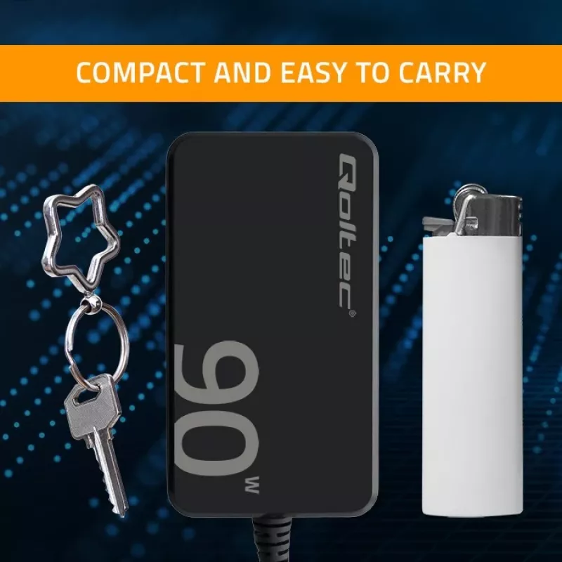 Qoltec 90W GaN Super Fast SLIM Wandladegerät | XP | 5-20V | 4,5A | USB-C 3.1 | Laptop | MacBook | Smartphone | + Kabel