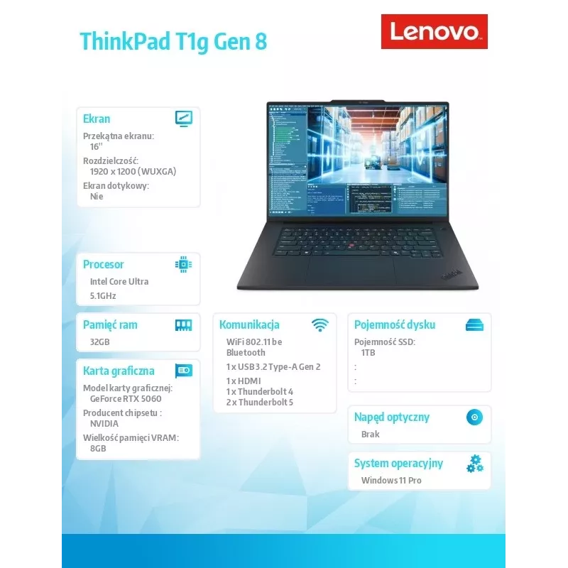 Ultrabook Lenovo ThinkPad T1G G8 255H CPU, 32 GB RAM, 1 TB SSD, NVIDIA RTX 5080 8 GB, 16,0 Zoll WUXGA, Windows 11 Pro