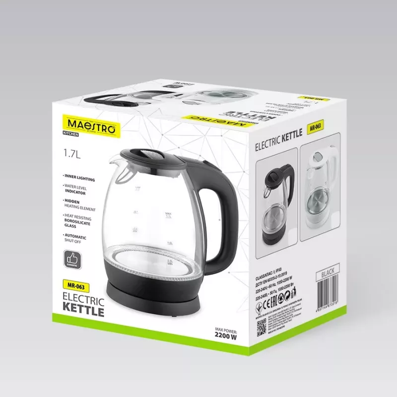 Elektrischer Glas-Wasserkocher Maestro MR-063-Schwarz, 2200 W, Glaskörper, kabellose Basis
