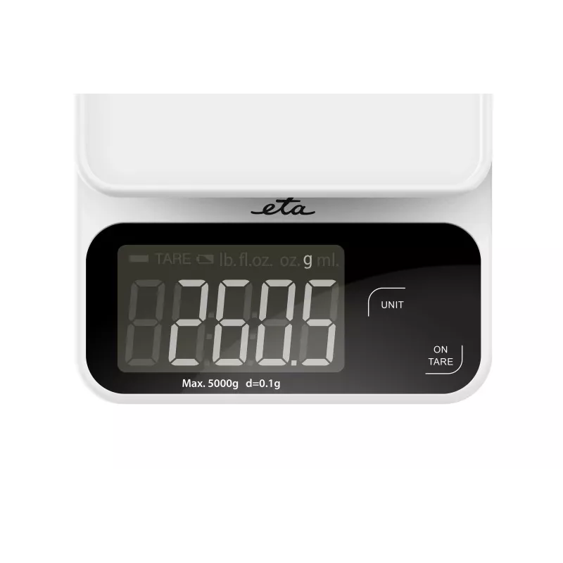 Elektronische Küchenwaage ETA POPI Weiß — max. 5 kg, Genauigkeit 1 g, LCD-Anzeige, AAA-Batterien