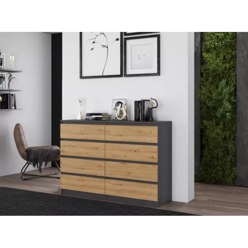 Kommode Top e shop M8 140 ANT/ART — 8 Schubladen, Anthrazit/Eiche, 1380×400×970 mm, Spanplatte