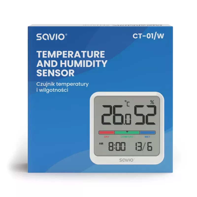 Innenraum-Temperatur- und Feuchtigkeitssensor SAVIO CT-01/W, LCD-Anzeige, -10–55 °C, 10–99 % rF, Batterie CR2032
