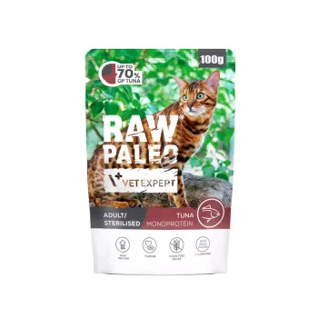 Nassfutter für Katzen VETEXPERT Raw Paleo Adult Sterilised Thunfisch 100 g Beutel, Protein 10,3%, Fett 4%, Feuchtigkeit 77%