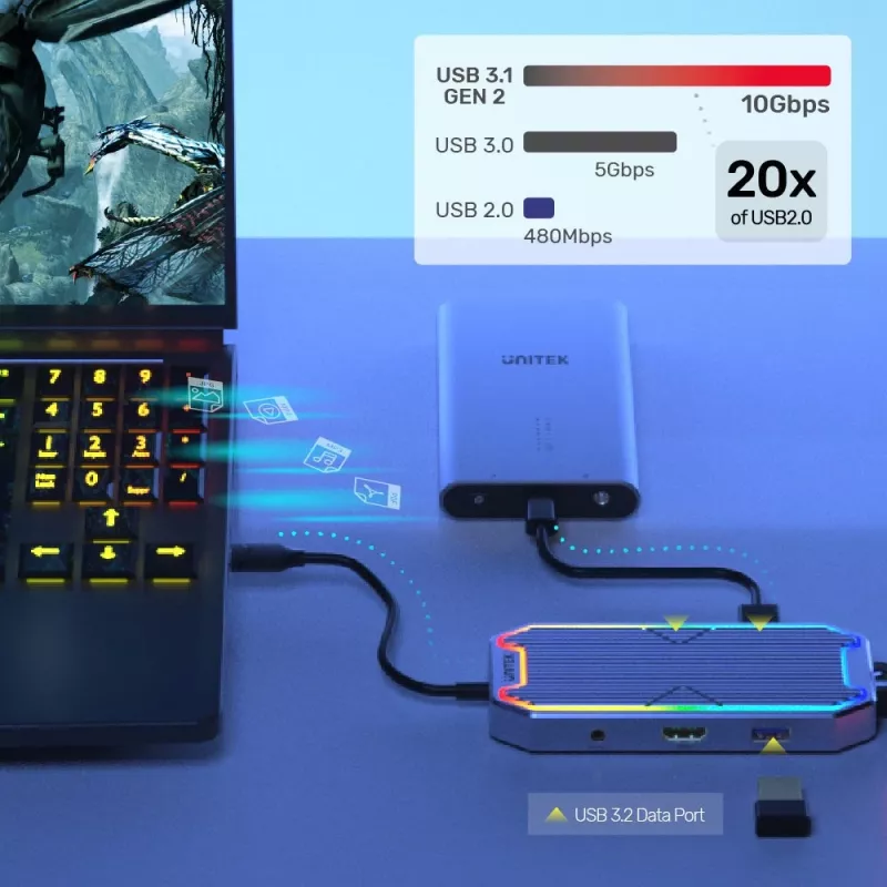 USB hub Unitek uHUB S7+ — kabelgebundener USB 3.2 Gen 2 Type-C, 100 W PD, Gigabit Ethernet, 4K-Unterstützung, Space Grau