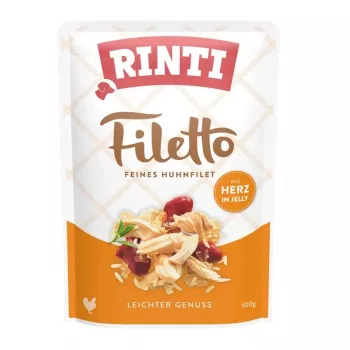 Nassfutter für Hunde RINTI Filetto Hühnerfilet mit Herzen 100 g — Alleinfuttermittel in Einzelportion, 82 % Feuchtigkeit, 14 % Protein