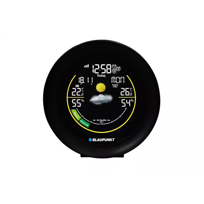 Wetterstation BLAUPUNKT WS35BK APP – LCD-Anzeige, Temperatur & Luftfeuchtigkeit, Alarm, Kalender, App-Konnektivität, 94×94×27 mm