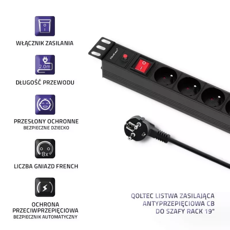 Qoltec 53996 Steckdosenleiste für RACK 19 | 1U | 16A | PDU | 8xFRANZÖSISCH | 2m