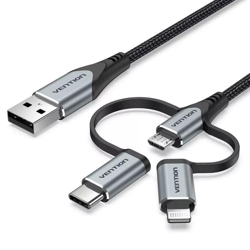 Vention USB 2.0 A Stecker auf 3-in-1 Micro-B&USB-C&Lightning Stecker Kabel 1M Grau Aluminiumlegierung