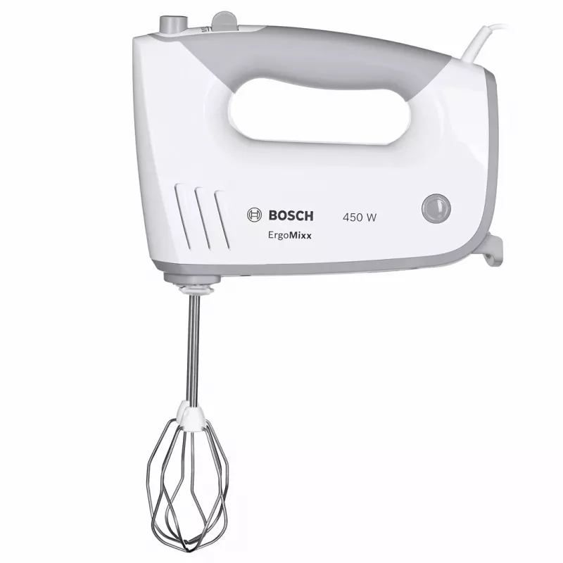 Handmixer Bosch MFQ36480 – 450 W, 5-Gang mit Turbo, grau/weiß, Rührbesen und Knethaken