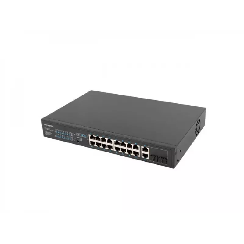 Unmanaged Switch LANBERG RSFE-16P-2C-150 — 18-Port Gigabit, 16 PoE+/2 SFP, 150 W gesamt, 1U Rack, Metall, Schwarz