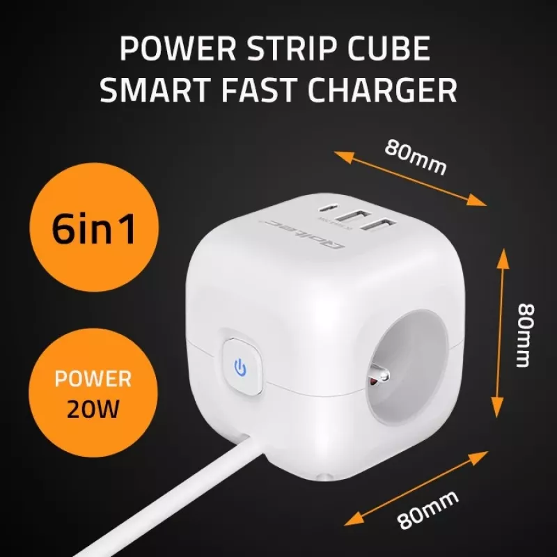 Power Cube QOLTEC 52547 Steckdosenleiste 3×AC-Steckdosen, 2×USB-A, 1×USB-C PD 20W