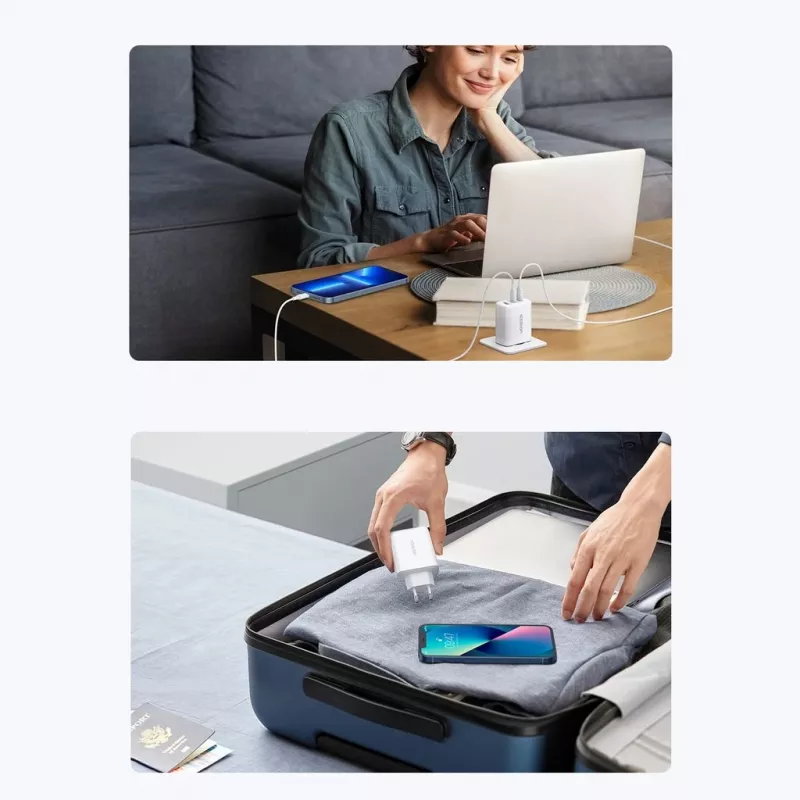 Wandladegerät UGREEN CD275 2× USB Type-C 65W Weiß — Dual-USB-C 65W Schnellladung, 100–240V Eingang