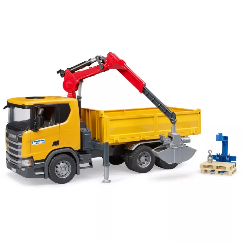 Spielzeug-Baulastwagen BRUDER Scania Super 560R mit Kran und 2 Paletten