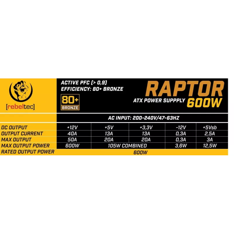 Netzteil RAPTOR 600W BRONZE 80+, Single Rail, DC-DC