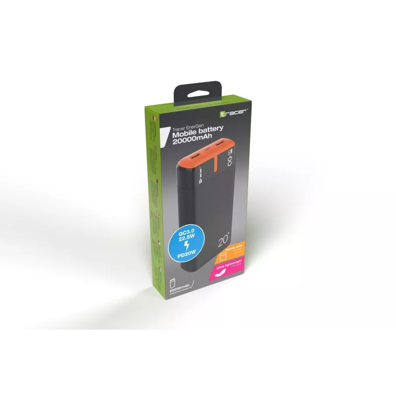 Tragbares Ladegerät TRACER EnerGen 20000 mAh, Power Delivery 20W, USB-C-Eingang, 2×USB-A-Ausgänge, Unterstützung für 3 Geräte, orange