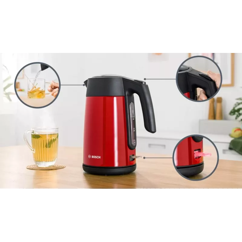 Elektrischer Wasserkocher Bosch TWK7L464 – 1,7 L Fassungsvermögen, 2400 W, rot, Kunststoffgehäuse