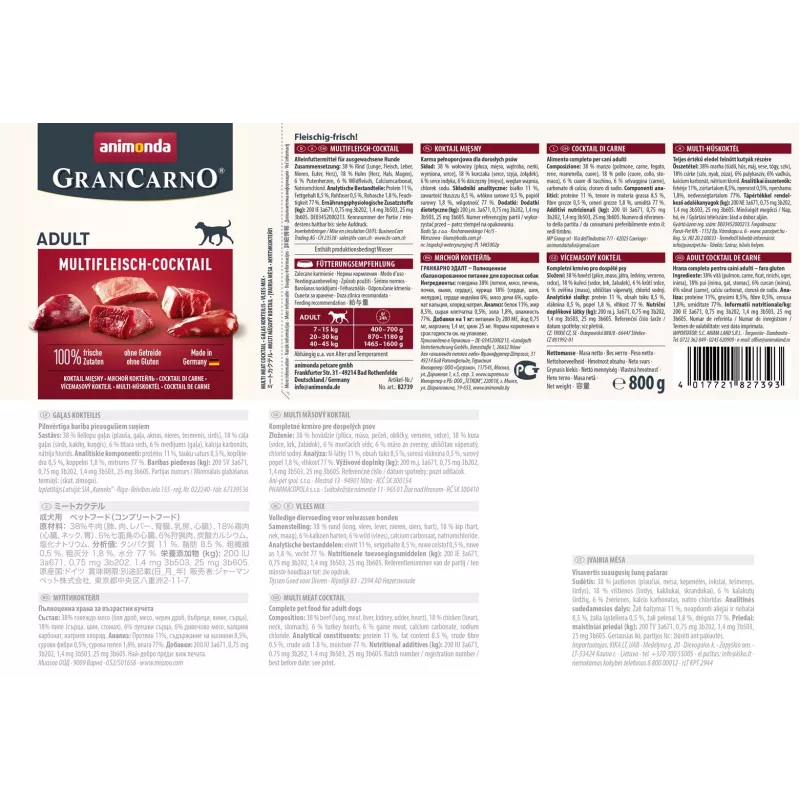Nassfutter für Hunde Animonda GranCarno Multi Meat Cocktail 800 g — Rind, Huhn, Wild, Herz, Pute, adult