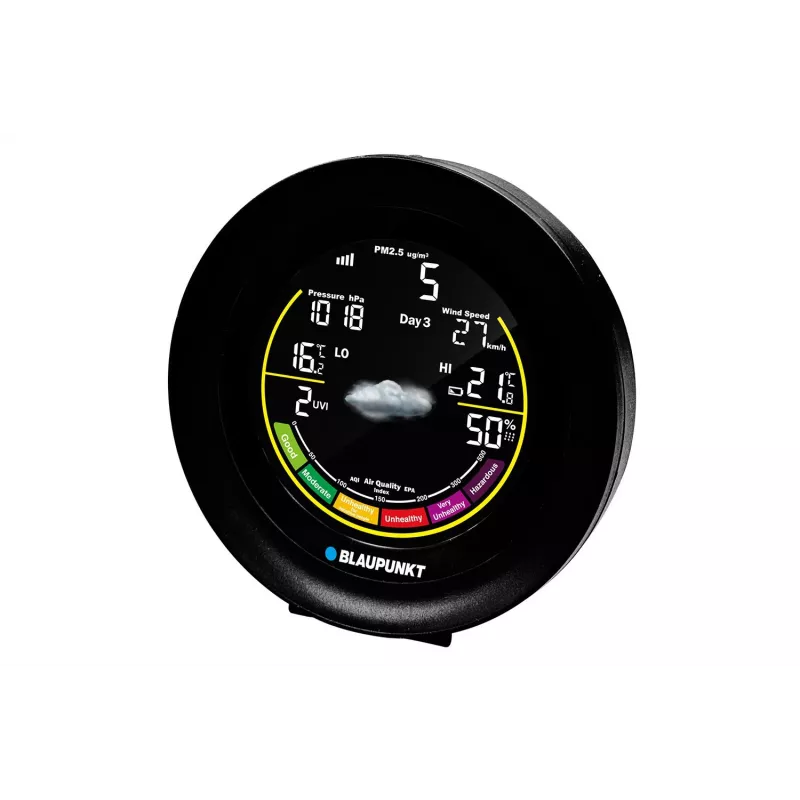 Wetterstation BLAUPUNKT WS35BK APP – LCD-Anzeige, Temperatur & Luftfeuchtigkeit, Alarm, Kalender, App-Konnektivität, 94×94×27 mm