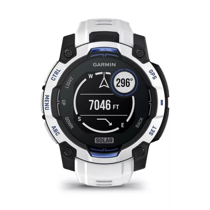 Smartwatch GARMIN Instinct 2 45 mm, MIP 0,9 Zoll (176×176), GPS, Solar, Silikonarmband Blau/Weiß
