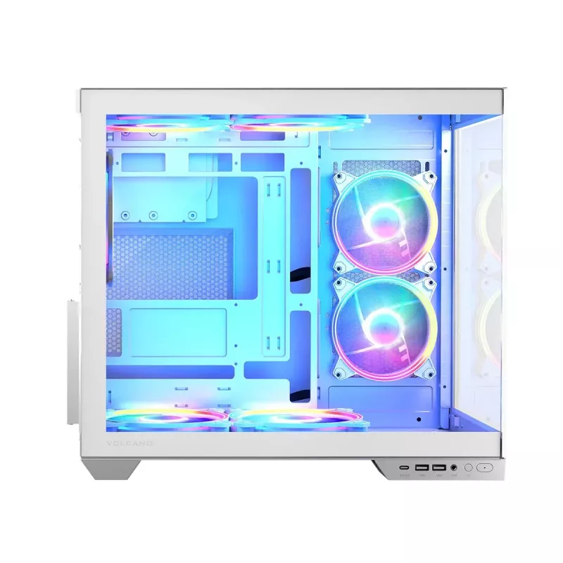 PC-Gehäuse MODECOM Volcano Panorama Midi Tower weiß — micro ATX, gehärtetes Glas, ARGB, USB-C, unterstützt GPU 400 mm