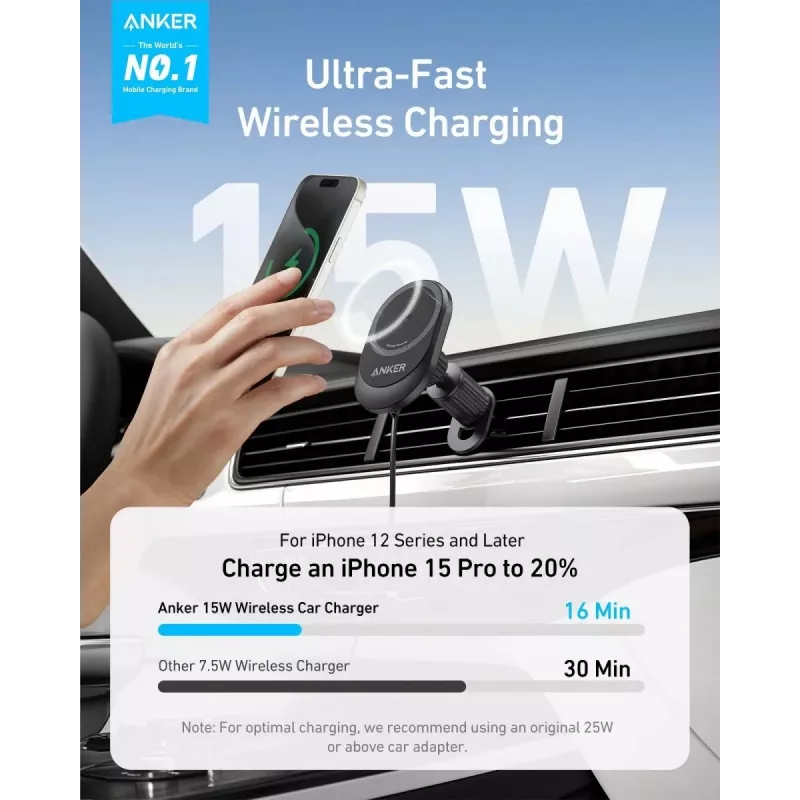Kabelloses magnetisches Autoladegerät Anker MagGo 15W — Magnetisches 15W Qi-Schnellladen für Smartphones, Schwarz