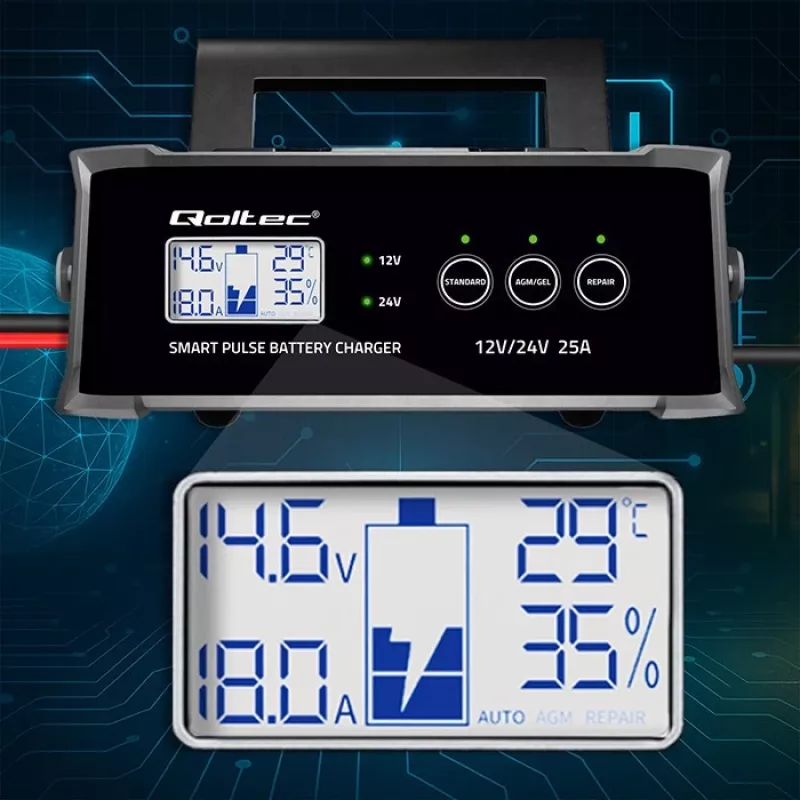 Batterieladegerät QOLTEC 52514 — 12V/24V, 25A, für AGM/GEL/SLA-Batterien mit LCD-Anzeige