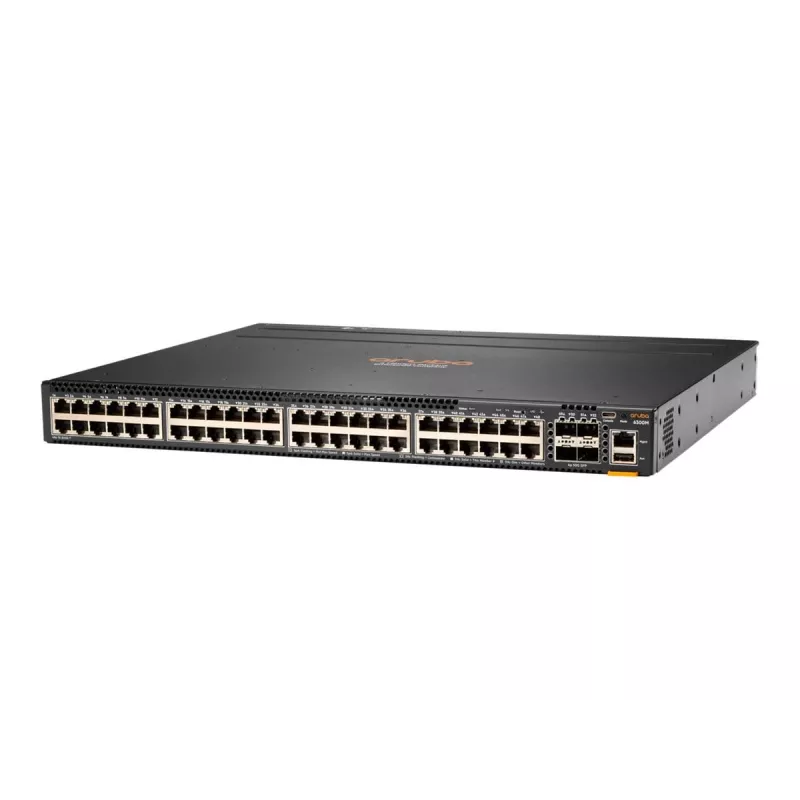 HPE - Aruba 6300M - Switch - L3 - managed - 48 x 10/100/1000 (1 PoE+) + 4 x 1 Gigabit / 10 Gigabit / 25 Gigabit / 50 Gigabit SFP56 (Uplink / Stacking) Front und Seite zu Hinterseite