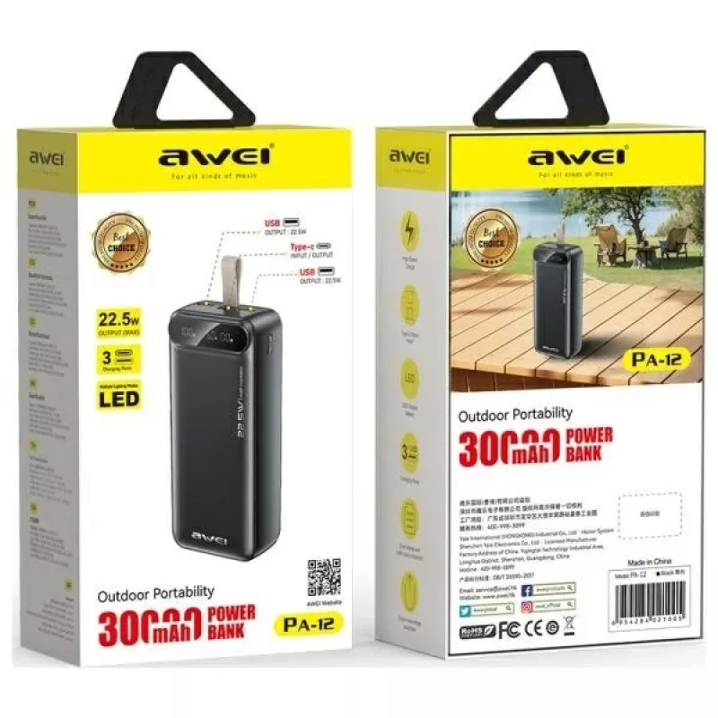 Tragbare Powerbank AWEI PA-12 30000mAh 22.5W schwarz
