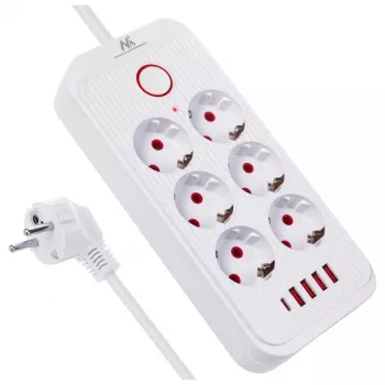 Steckdosenleiste MACLEAN MCE391 W — 6 Steckdosen, 4×USB-A + 1×USB-C, 3 m Kabel, 110–240 V, 2500 W, weiß