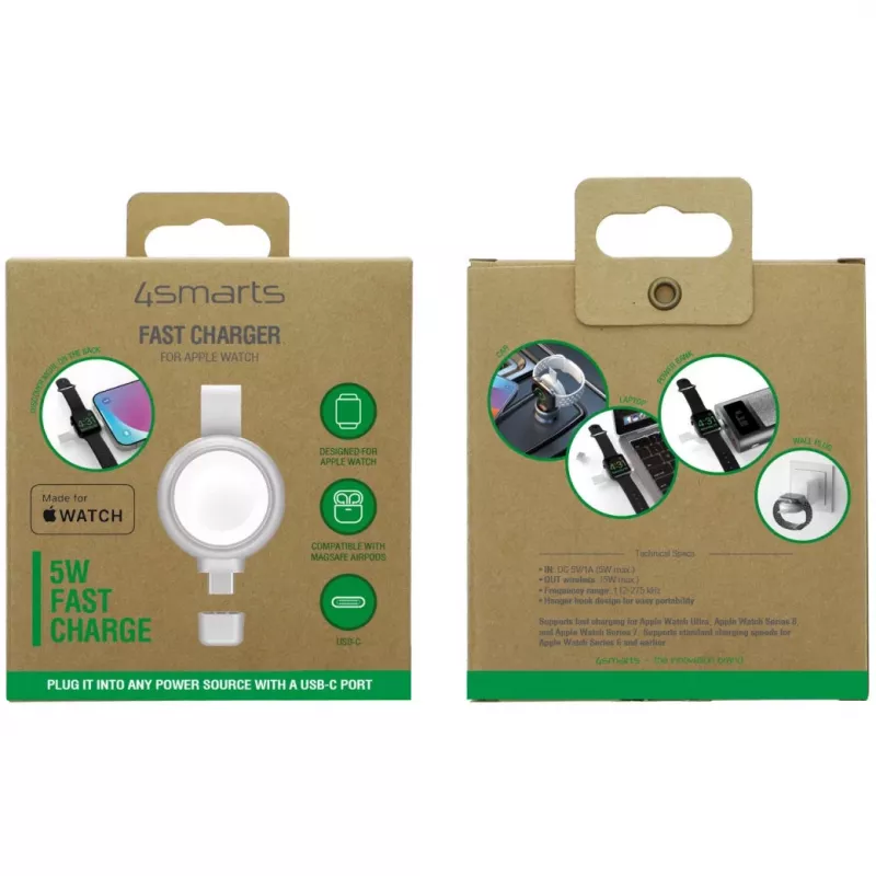 Ladegerät 4smarts QI2 Smartwatch Silber USB Kabelloses Schnellladen